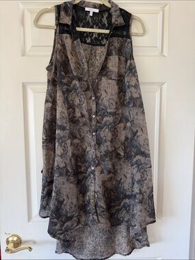 Sleeveless Floral Button-Front Tunic - Black/Brown - Unknown Brand